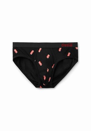 Czarne bawełniane slipy z powtarzającym się wzorem puszek Coca-Coli w kolorze czerwonym i białym, z czerwonym haftowanym logo na pasku.