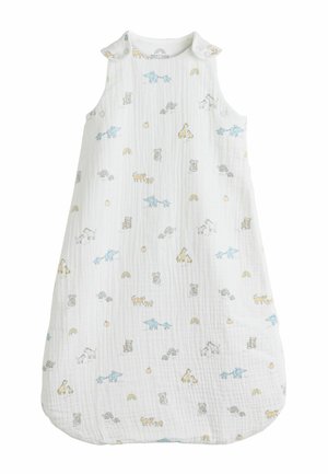 White baby sleeping bag with colorful animal and rainbow prints, featuring giraffes, elephants, koalas, and turtles.