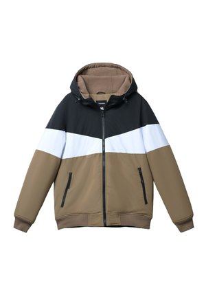 Giacca con cappuccio e zip, parte superiore nera, striscia orizzontale bianca e parte inferiore marrone, con due tasche frontali con zip e polsini a coste.