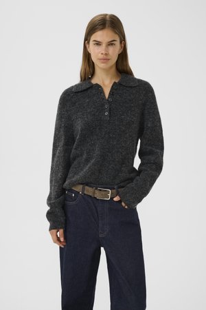 Dark gray knitted sweater with a collar and button placket. Worn with dark blue jeans and a brown belt. Soft texture, relaxed fit.