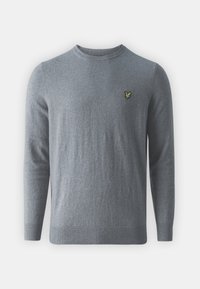 Pull gris clair à manches longues avec col rond, poignets et ourlet côtelés, arborant un petit logo d'oiseau jaune sur le côté gauche de la poitrine.