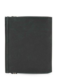 Cartera de cuero negro con un acabado texturizado, diseño de doble pliegue, costuras visibles y un compartimento con cremallera en un lado.