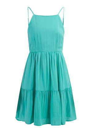 Türkiissinine špagetti rihmadega kleit, millel on kinnitatud kehavorm ja kortsus kihiline seelik. Valmistatud pehmest kangast, sellel on sile tekstuur.