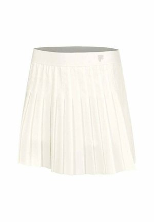 Witte geplooide tennisrok met brede tailleband en een klein logo aan de zijkant, weergegeven tegen een effen achtergrond.