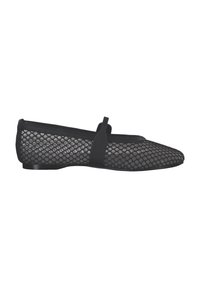 Chaussure plate noire avec un motif en nid d’abeille en maille, bout rond et une seule bride sur le dessus.