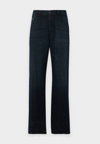 Mørkeblå denimbukser, rett ben-design, med knappestenging foran og smale beltehuler. Svak falming nær kantene.