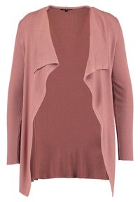 Cardigan rosa claro acanalado con frente abierto, mangas largas y silueta fluida. Textura suave, sin botones ni cierres.