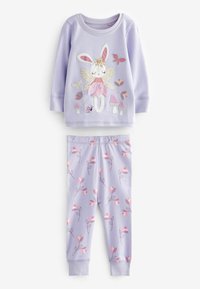 Lilla langærmede pyjamas til småbørn med en kaninfe, svampe, sommerfugle øverst og lyserøde leggings med blomstermønster.
