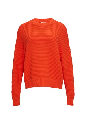 Pull orange vif avec une texture côtelée large, un col rond et un design à épaules tombantes. Les poignets et l'ourlet présentent des accents côtelés contrastants.