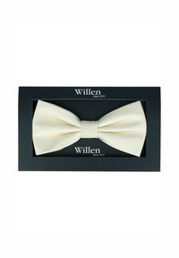 Cremfarbener Seidenfliegen mit strukturierter Oberfläche, zentraler Knoten, präsentiert in einer schwarzen Box mit dem Branding "Willen since 1972".