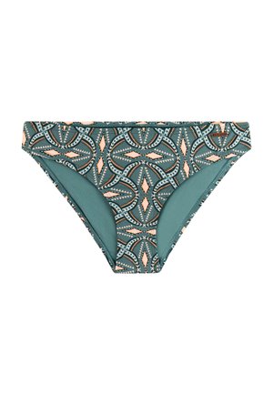 Blauwgroene bikinibroekjes met een geometrisch patroon in perzik en wit, met een lage taille en een klein merkje op de tailleband.