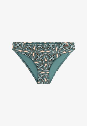 Blau-grüne Bikinihose mit einem geometrischen Muster in Pfirsich und Weiß, mit einem tief sitzenden Schnitt und einem kleinen Markenzeichen am Bund.