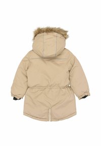Beige vadderad vinterjacka med en fuskpälsluva, elastisk midja och svarta detaljer vid ärmarna. Bakre vy visar sömnad och en slits i fållen.