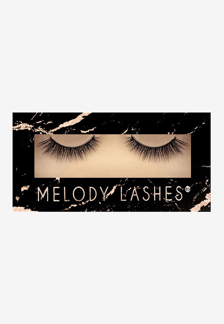 Zwart en goud verpakkingen bevatten een romige achtergrond met twee dikke, donkere nepwimpers prominent weergegeven; het "MELODY LASHES" logo is inbegrepen.