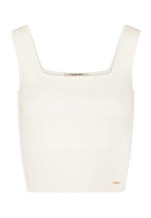 Witte geribbelde gebreide crop top met vierkante halslijn en brede bandjes, met een subtiele merketiket in goud aan de rechteronderkant.