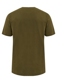 Olivengrøn bomulds t-shirt, kortærmet, rund hals, glat tekstur, uden synlige logoer eller mønstre, vist bagfra.