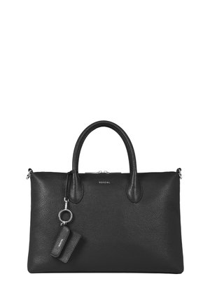 Black leather handbag with two rounded handles, textured surface, zip closure, and silver hardware. Includes a detachable keychain accent.