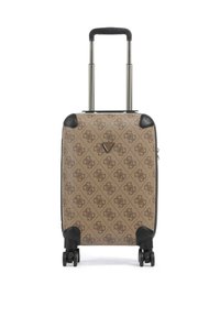 Valigia rigida beige con motivo monogramma marrone scuro, quattro ruote girevoli, protezioni angolari nere e manico telescopico esteso.