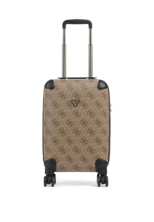 Hard-shell beige suitcase with dark brown monogram pattern, four spinner wheels, black corner protectors, and a telescopic handle extended.