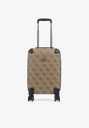 Hard-shell beige suitcase with dark brown monogram pattern, four spinner wheels, black corner protectors, and a telescopic handle extended.