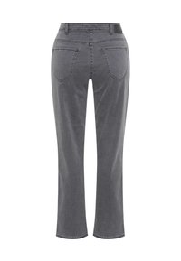 Graue Jeanshose mit geradem Schnitt, fünf Taschen, Gürtelschlaufen, Ziernähten und glatter Textur. Rückansicht dargestellt.