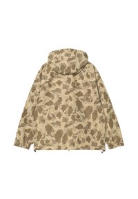 Giacca a ninfea beige con cappuccio, dal taglio comodo, con polsini elasticizzati, orlo con cordino e una consistenza liscia. Design reversibile con motivi sottili.