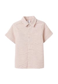 Camicia a maniche corte con bottoni di color rosa chiaro con righe bianche. Presenta un colletto e una tasca sul petto sinistro. Realizzata in tessuto testurizzato.