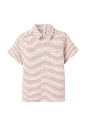 Camicia a maniche corte con bottoni di color rosa chiaro con righe bianche. Presenta un colletto e una tasca sul petto sinistro. Realizzata in tessuto testurizzato.