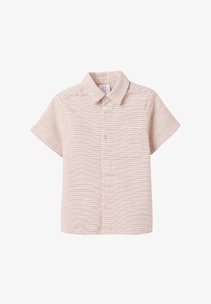 Camicia a maniche corte con bottoni di color rosa chiaro con righe bianche. Presenta un colletto e una tasca sul petto sinistro. Realizzata in tessuto testurizzato.