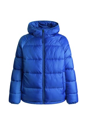 Blauwe pufferjas met capuchon, voorzien van gequiltte secties, een rits aan de voorkant en elastische manchetten. Gladde, glanzende stofafwerking.