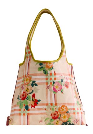 Bolsa reutilizable con doble asa, con un patrón de cuadros en rosa y naranja y diseños florales multicolores.