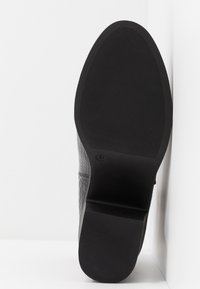 Semelle d'une chaussure habillée noire avec motif antidérapant texturé et talon bas, positionnée verticalement contre un mur d'angle blanc.