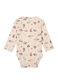 Langärmliger Baby-Body in Creme mit einem vielfältigen Pilz-Print in Braun- und Orangetönen, aus weichem, dehnbarem Baumwollmaterial gefertigt.