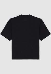 Black cotton t-shirt with short sleeves, crew neck, and standard fit. Smooth texture with no additional patterns or embellishments.