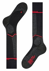 Calzini neri con un motivo testurizzato, caratterizzati da una striscia decorativa rossa e un logo. Il design include aree rinforzate per supporto.