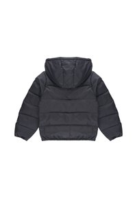 Giacca a vento nera con cappuccio, caratterizzata da un design trapuntato, orlo elasticizzato e maniche lunghe. Materiale liscio e leggero.