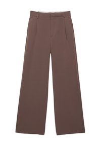 Pantalon marron à jambes larges avec passants de ceinture, plis devant et poches latérales, conçu pour une coupe ample et un port formel ou décontracté.