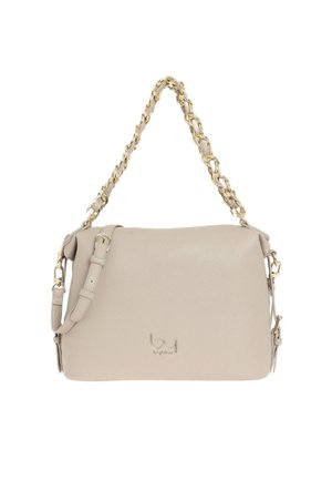Borsa a mano in pelle beige con manico a catena dorata, tracolla laterale regolabile e piccolo logo metallico al centro davanti.