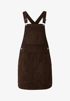 Braunes Corduroy-Latzkleid mit verstellbaren Trägern, Fronttasche, silbernen Beschlägen und strukturiertem Rippstoff. Kurze Länge, gerader Schnitt.