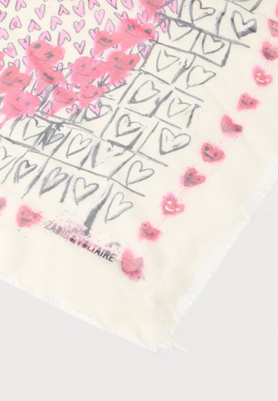 Λευκό ύφασμα με μοτίβο μαύρου πλέγματος σε σχήμα καρδιάς και ροζ καρδιές με χαμόγελο, που περιλαμβάνει το λογότυπο "ZADIG & VOLTAIRE" στην κάτω γωνία.