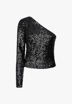 Fekete flitteres felső egy hosszú ujjal és aszimmetrikus nyakkivágással. Feszes, texturált dizájnnal rendelkezik, csillogó felülettel.