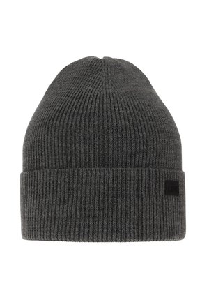 Dark gray ribbed knit beanie hat with folded cuff and small black rectangular logo patch on cuff.
