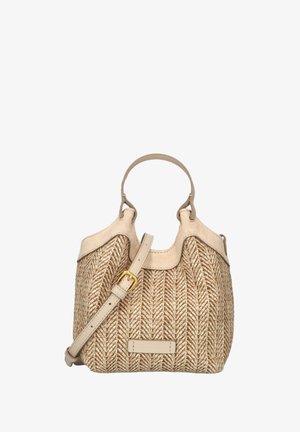 Woven beige handbag featuring a semi-structured shape, leather accents, a top handle, and a detachable shoulder strap with gold hardware.