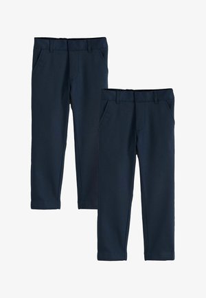 Zwei Paar marineblaue Hosen mit geradem Schnitt, Gürtelschlaufen und Seitentaschen, dargestellt auf weißem Hintergrund.