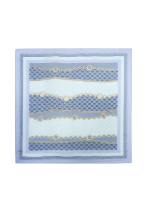 Quadratisches Tuch mit abwechselnden blauen und hellblauen wellenförmigen Streifen, goldenen Kettenmustern und einem Rand mit wiederholendem "LIU JO"-Text.