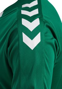 Groene sportshirt met een wit chevronpatroon langs de schouders. Glad materiaal, ronde halslijn en een aansluitend ontwerp.