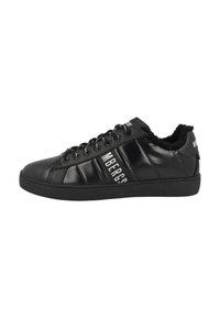 Black synthetic sneakers with a smooth finish, featuring a plush lining, round toe, flat rubber sole, and lace-up front with logo accents.