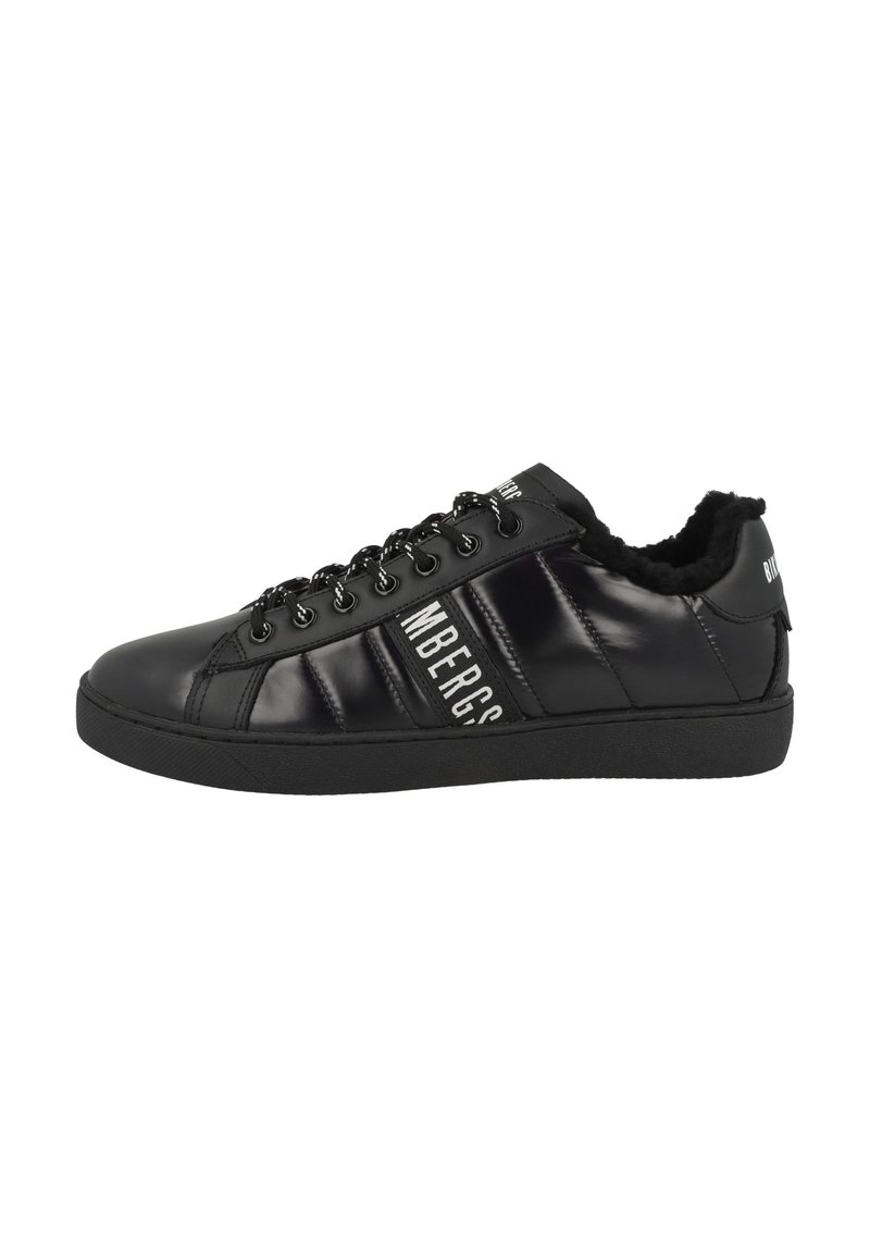 Black synthetic sneakers with a smooth finish, featuring a plush lining, round toe, flat rubber sole, and lace-up front with logo accents.