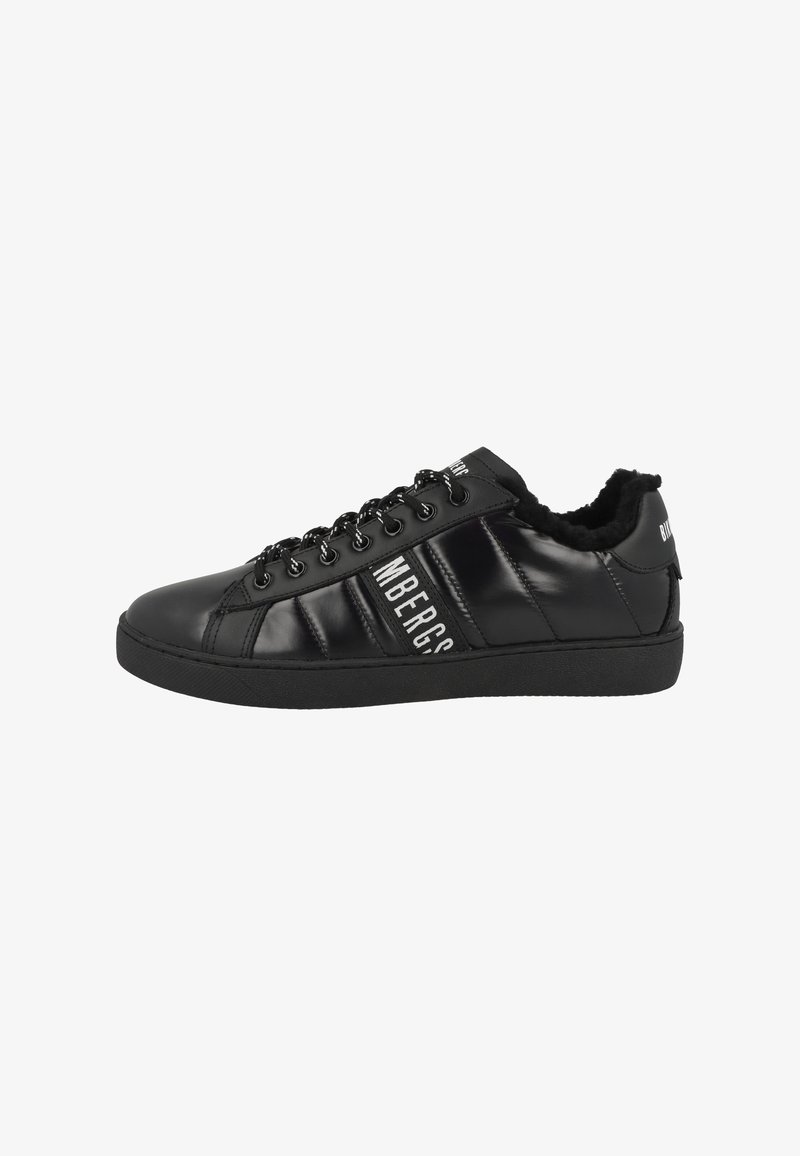 Black synthetic sneakers with a smooth finish, featuring a plush lining, round toe, flat rubber sole, and lace-up front with logo accents.