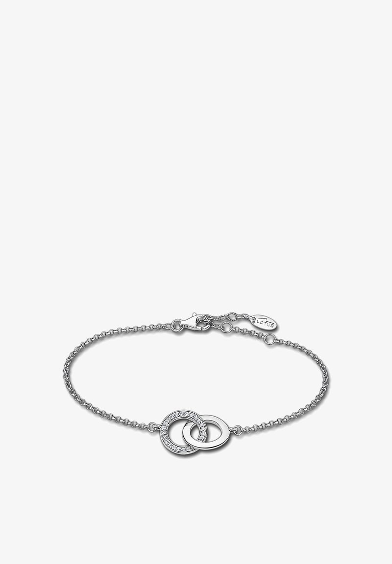 Silver chain bracelet featuring two interlocking rings, one adorned with clear gemstones. Includes a lobster clasp and brand tag.